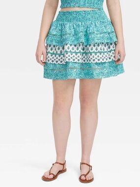 Roller Rabbit Women's Garden Floral/Bouquet Tiered Mini Skirt Teal/Blue S or M